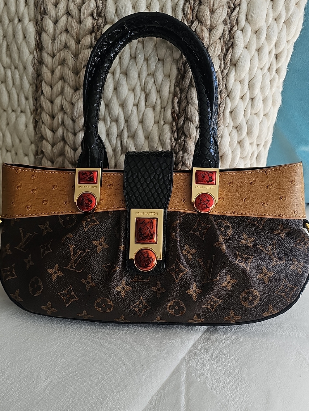 Louis Vuitton Brown Monogram Satchel with Black Handles and Tan Trim